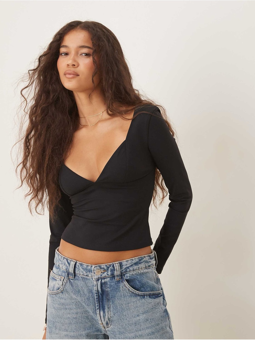 Free People NWT Corset Long Sleeve Top Large Plunging Sweetheart Neckline